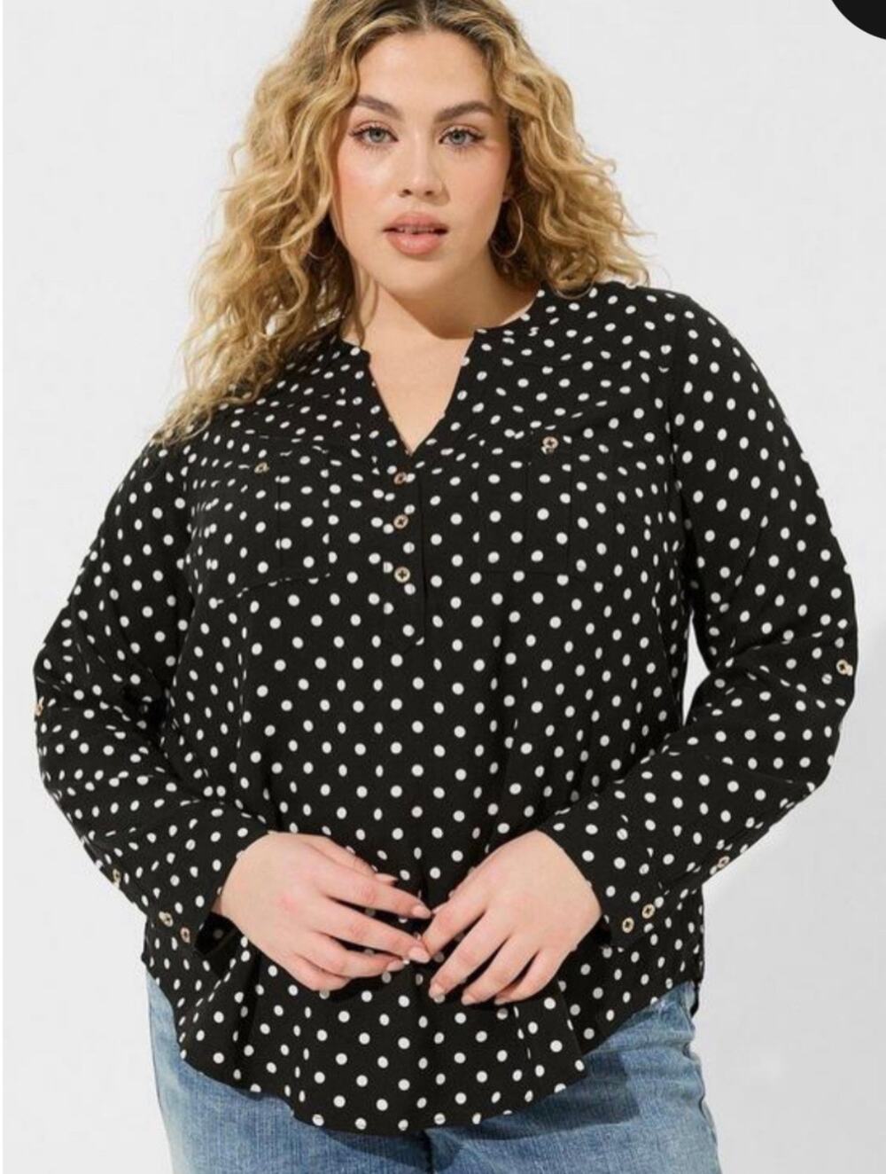 Torrid Womens 3X Harper Challis Long Sleeve Blouse Deep Black White Polka Dots